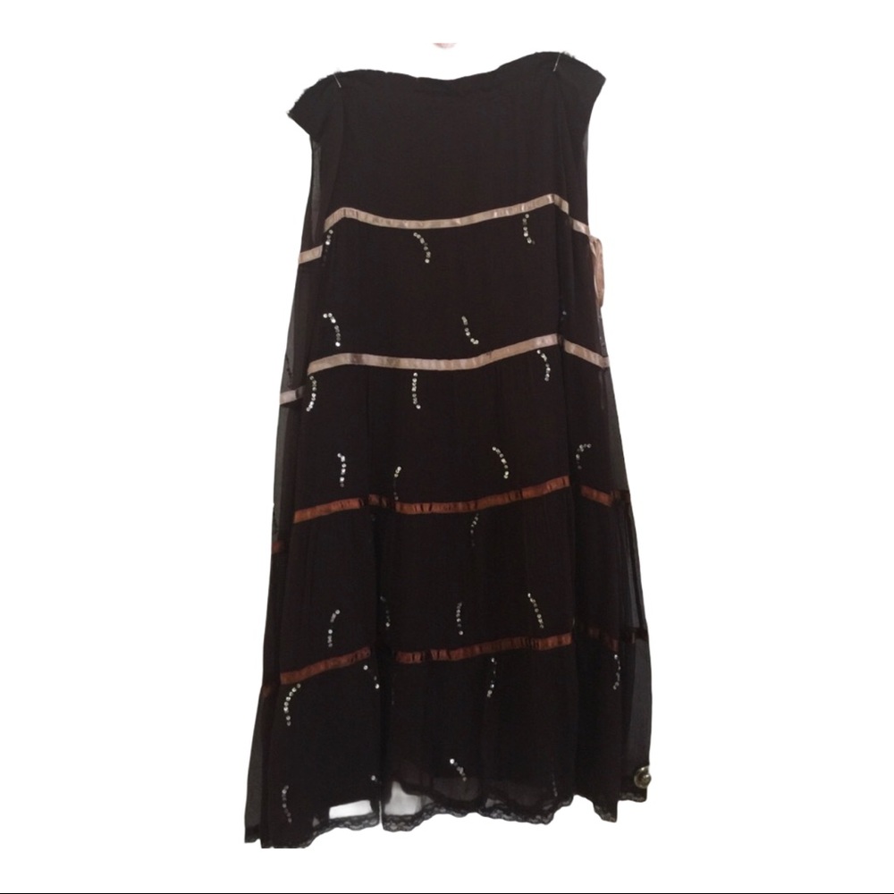 Brown Sequin Tiered Chiffon Midi Skirt w/ Ribbon Trim Lace‎ Hem Spencer Jeremy